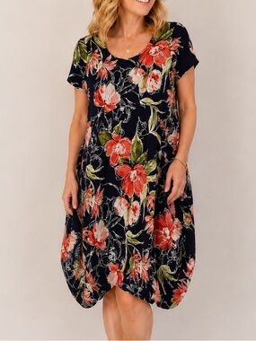 Compli K Made in Canada Floral Handkerchief Hem Dress XS Navy Coral
